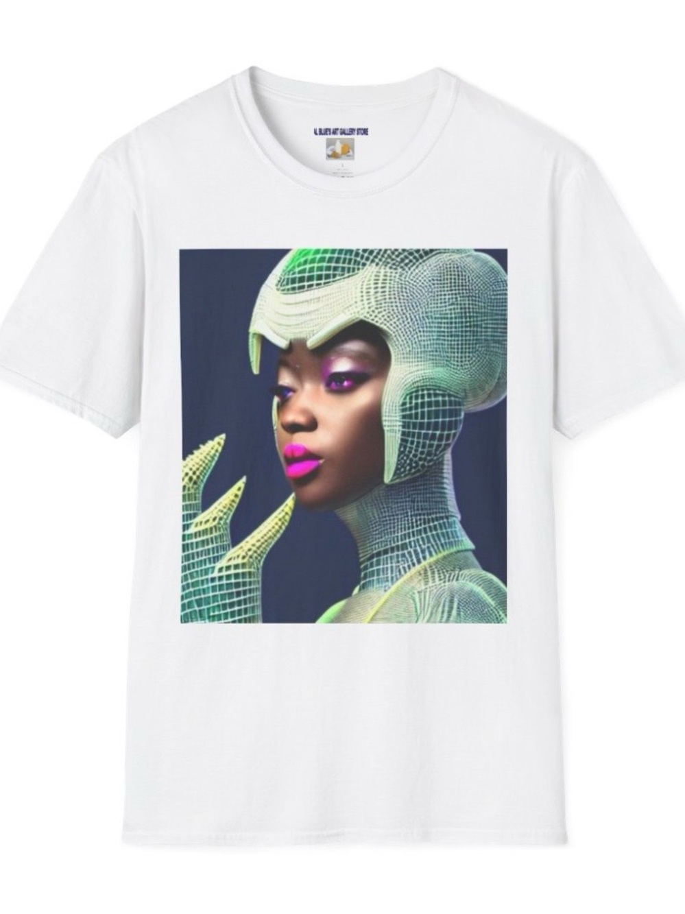 Designed by the artist Al Blue,Short-Sleeve Tee with Neon Futuristic Portrait